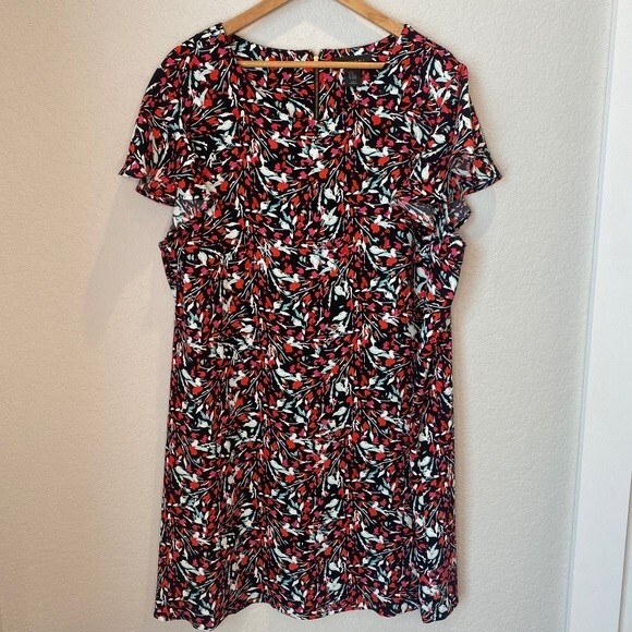 Tahari Black & Pink Floral Flutter Sleeve Loose Fitting Sheath Dress - Size 2X - Picture 1 of 6